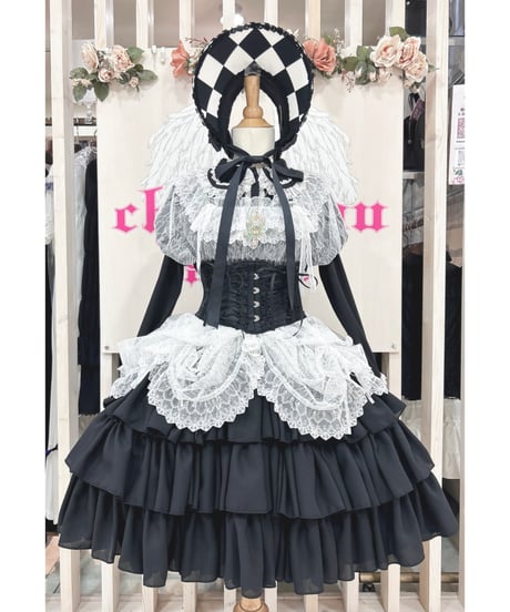 Enchantlic Enchantilly／ダイヤ柄ハーフボンネット（黒×白×黒レース）