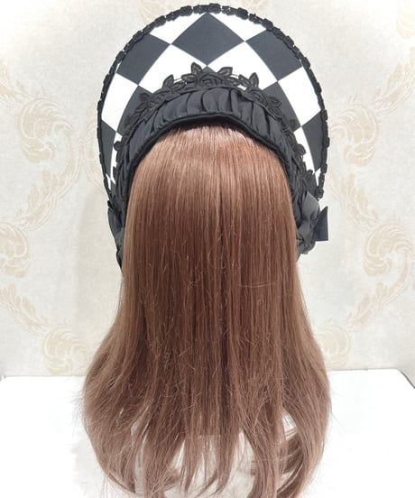 Enchantlic Enchantilly／ダイヤ柄ハーフボンネット（黒×白×黒レース）