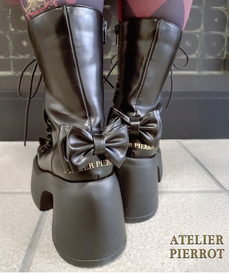 【牡蠣フライ】アトリエピエロ 厚底 ヒール リボン ブラック ATELIER-PIERROT／Chunky Frilled Ribbon Boots（ブラッ
