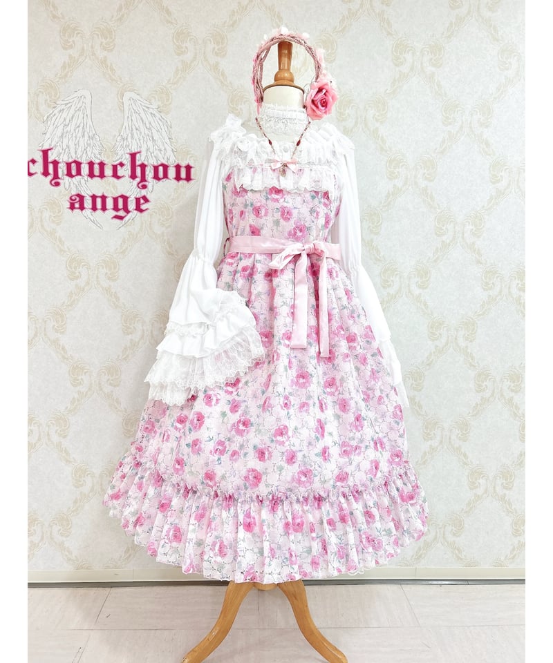 ミルフルール/ピンクにバラ柄のジャンパースカート ミルフルールのピンクに薔薇柄のジャンパースカート Pina