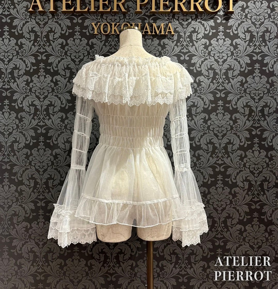 アトリエピエロ　シフォンレース オフショルダーブラウス ATELIER-PIERROT／Sheer Off-Shoulder Shirring Blo