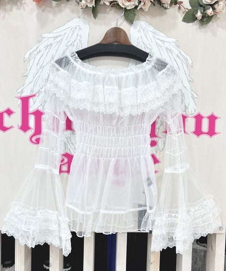 ATELIER-PIERROT／Sheer Off-Shoulder Shirring Blouse（ホワイト）