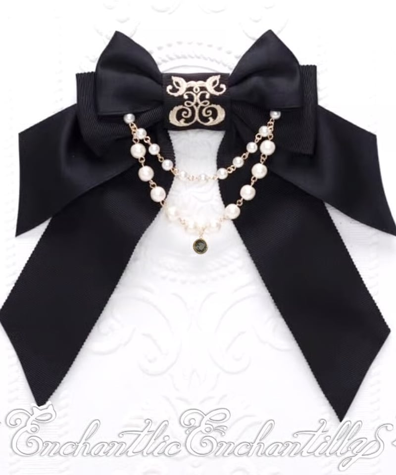 Enchantlic Enchantilly／ロゴ刺繍パールリボンブローチ（黒