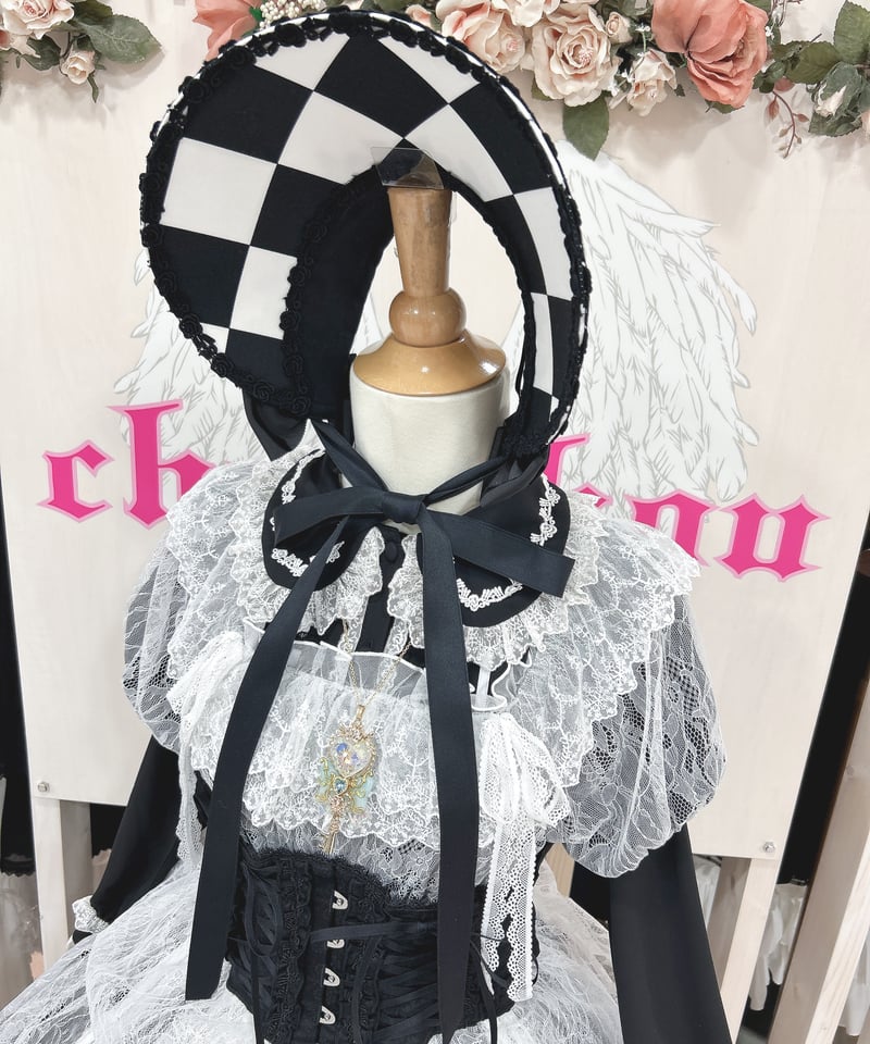 Enchantlic Enchantilly／ダイヤ柄ハーフボンネット（黒×白×黒レース