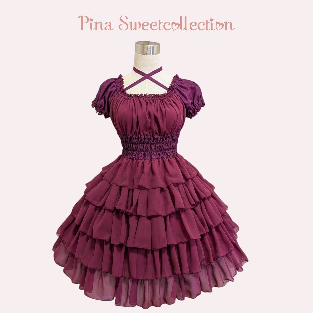 Pina sweetcollection／ a04000-a シフォンフリルワンピース（ワイン