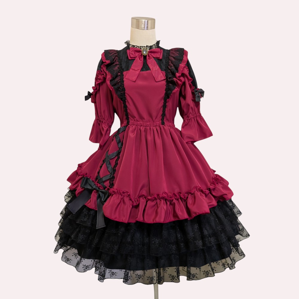 ✴︎ちょっと休憩中✴︎ビスクドール用♡ドレス(深紅)セット Pina sweetcollection／ a26001 ドリーミングレースアップドレス（ワイ