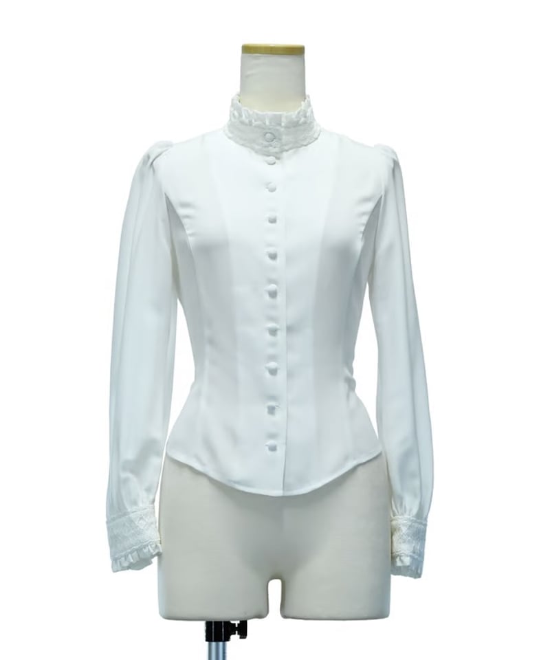 Sheglit スタンドカラーリボンジャボブラウス