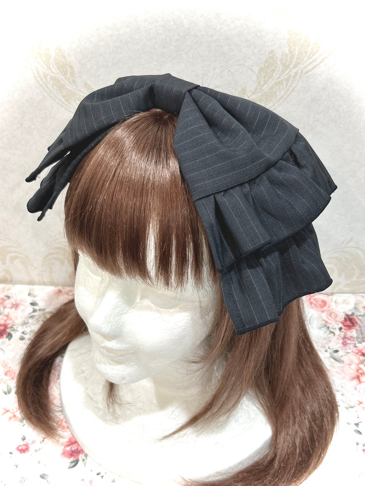 尾州ロリィタ ／ヘッドドレス（リボンタイプ）ストライプグレー