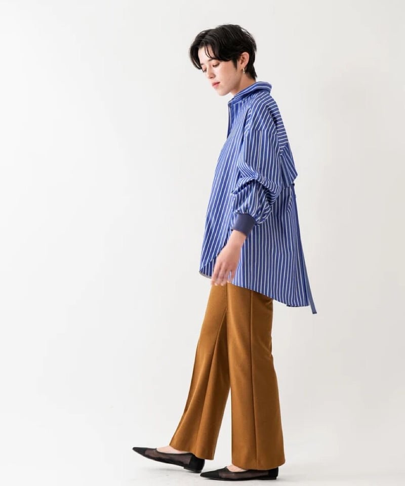 美品 送料無料 lallia mu 日本製 ストライプデザインロングシャツ Lallia Mù ラリア・ムー 23春夏ご予約】 バンドカラーストライプ