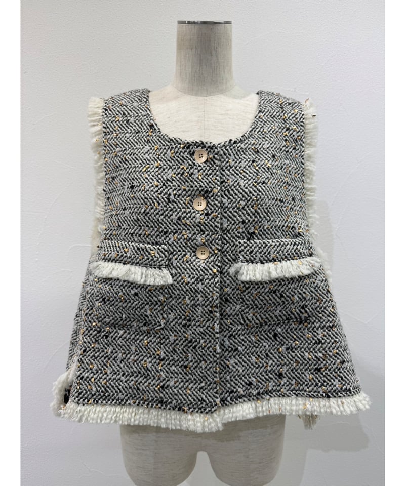 【美品】 3ピース ツイード 段返り 裏地ストライプ カシミヤアンゴラ混 Ruffled Layered Bustier