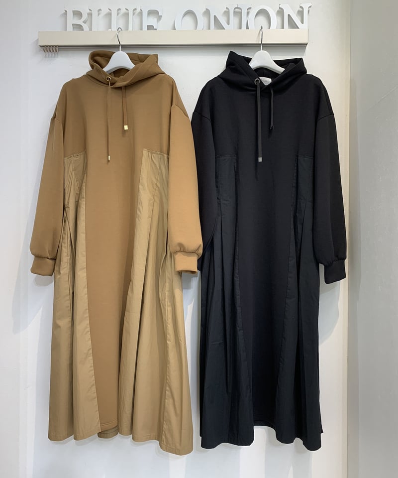 異素材タックフレアドッキングエアクッションフーディワンピ H313091  