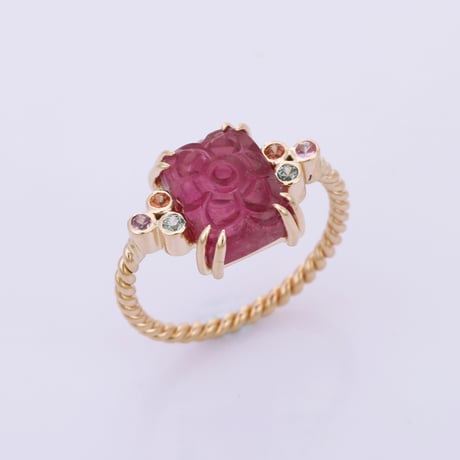 【LIMITED K14】lotus carved tourmaline with accent sapphiresリング
