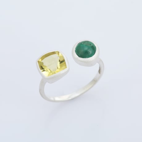 lemon quartz malachite cabochon openリング