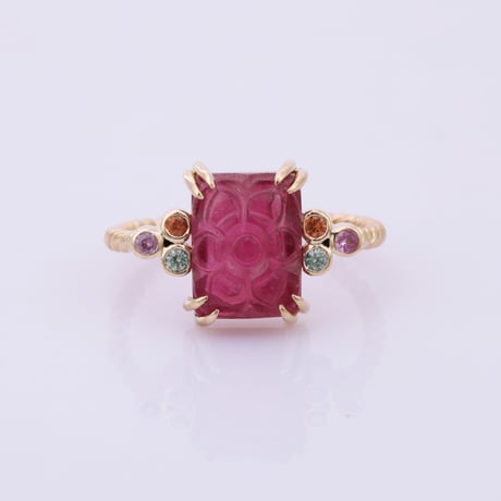 【LIMITED K14】lotus carved tourmaline with accent sapphiresリング