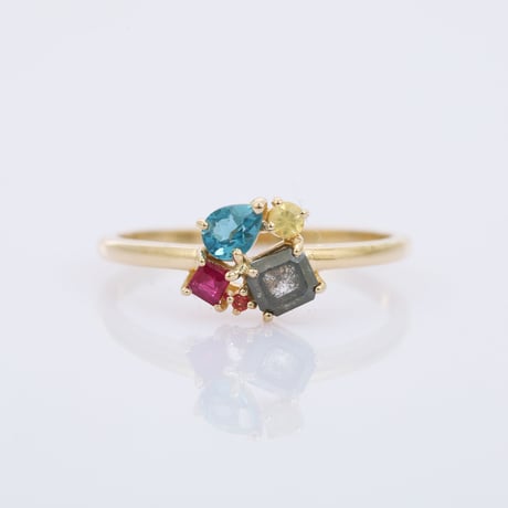 【LIMITED K18】Salt & Pepper Diamond with Ruby Sapphire and Blue Topazリング
