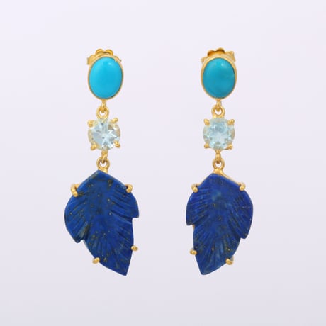 turquoise blue topaz and lapis floral carvedピアス