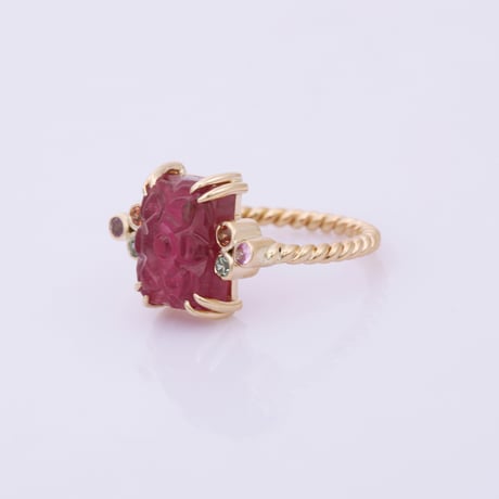 【LIMITED K14】lotus carved tourmaline with accent sapphiresリング