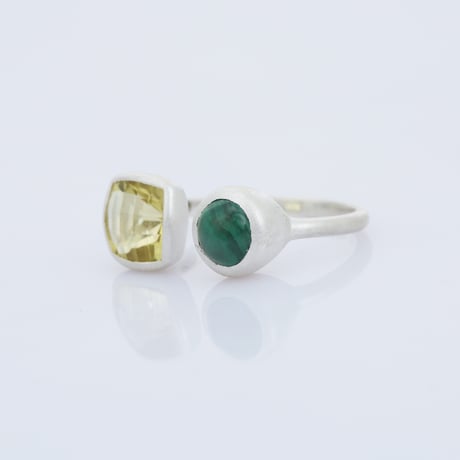 lemon quartz malachite cabochon openリング