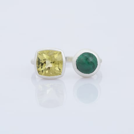 lemon quartz malachite cabochon openリング