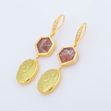lotus carved lemon quartz and strawberry quartzピアス