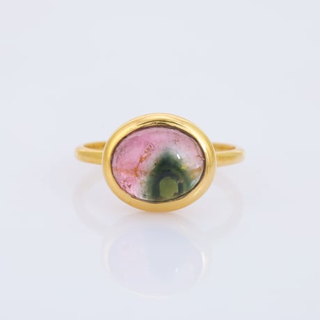 pink and green bi-color tourmaline cabochonリング