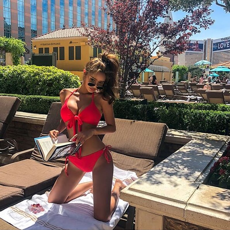 ピンクホルターネックセンターリボンビキニセット 水着 | Marmilagre