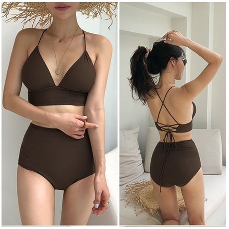 ハイウエストビキニセット☆バックレースアップ　水着
