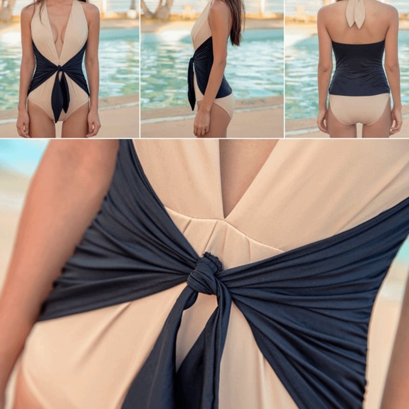 Vラインレトロバイカラーモノキニワンピース水着 ビキニ | Marmilagre