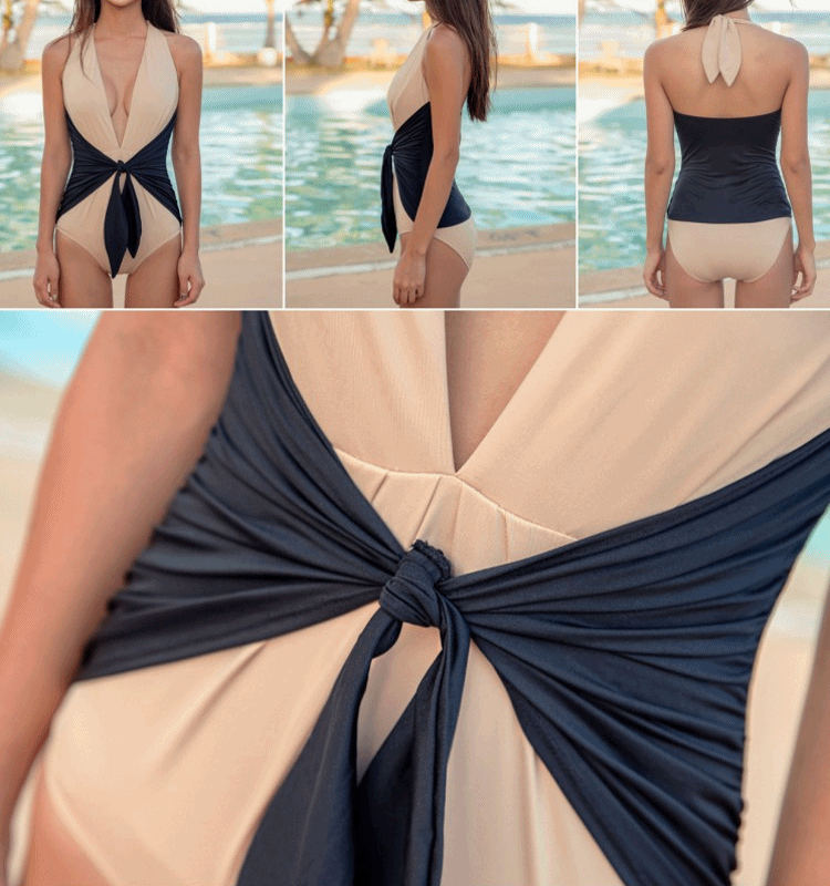 Vラインレトロバイカラーモノキニワンピース水着 ビキニ | Marmilagre