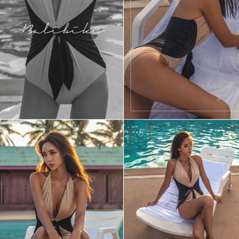 Vラインレトロバイカラーモノキニワンピース水着 ビキニ | Marmilagre