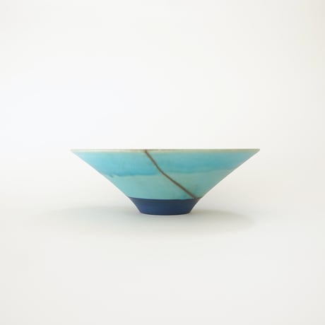 和田山真央・藍流しトルコブルー朝顔鉢L （銀継ぎ）