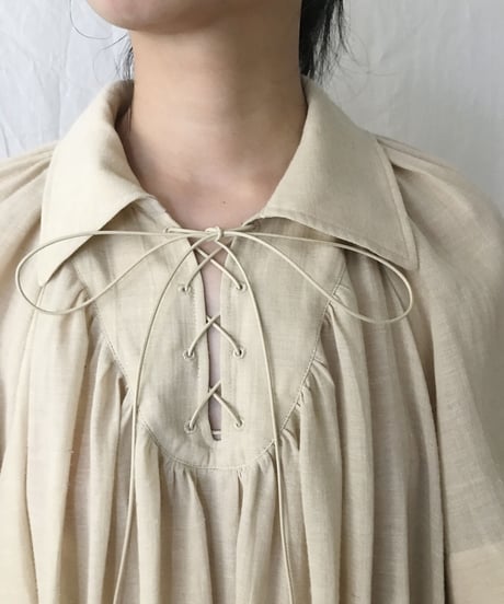 ramie / cotton lace up gather dress (sand beige)