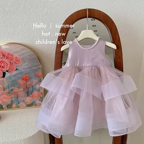 kids ピンクパープルバックリボンダブルチュールドレス(1284)