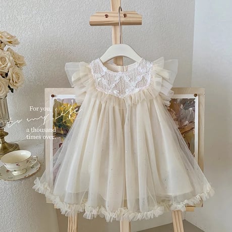 kids ivory/pink フロントフリルローズガーリーラメチュールドレス(4126)