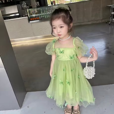 kids purple/green バタフライパフスリーブチュールドレス(838)