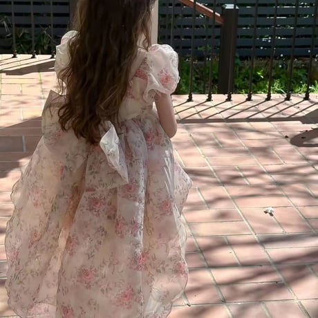 kids アシンメトリーピンクフローラルシフォンドレス(1544)