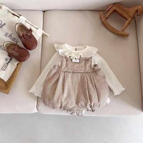 black/brown ギンガムチェックフリースサロペット(979)