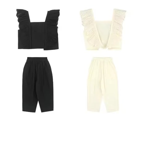 kids black/cream バックシャンショルダーコットンフリルセットアップ(1244)