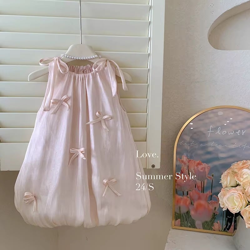 Poppy バルーンワンピース　ピンク kids ベビーピンクリボンバルーンワンピース(1254) | こどもふく