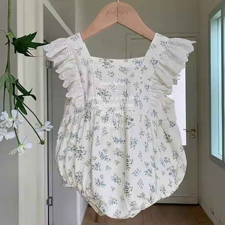 jennybebe blue flower×ivoryリネンショルダーフリルロンパース(1031)