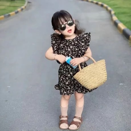 kids リボン付きブラック花柄ショルダーフリルセットアップ(3058)