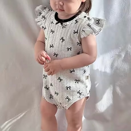 BabyGirl モノトーンリボンプリントリブロンパース(2153)