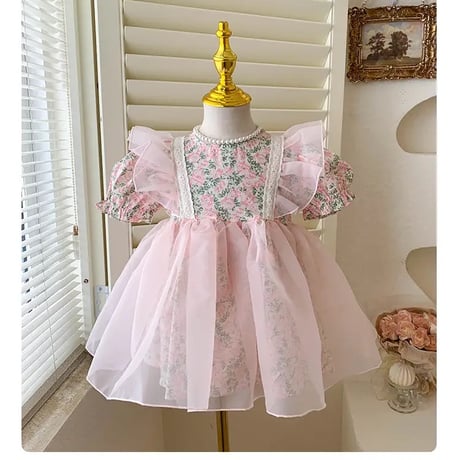 kids pinkローズショルダーフリルチュールワンピース(2776)