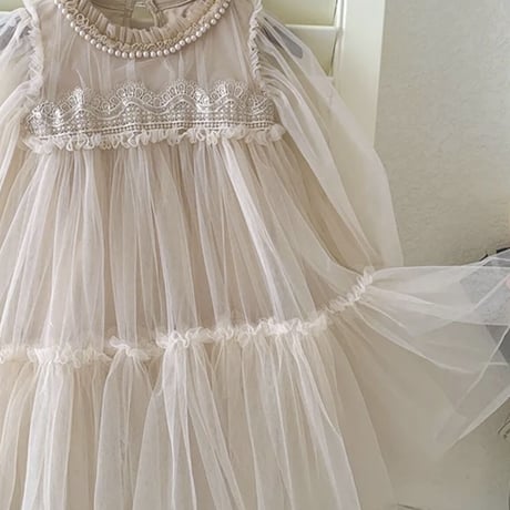 kids pink beige袖チュールドレス(3222)
