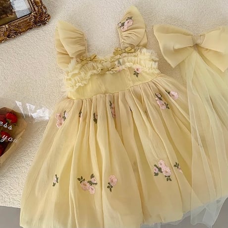 kids バックシャンフローラルロングリボンドレス(536)