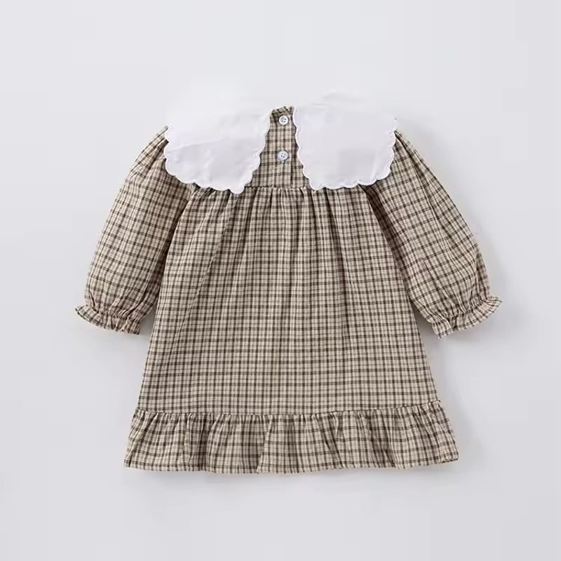 姉妹お揃いビッグレース襟ブラウンギンガムチェックロンパースop