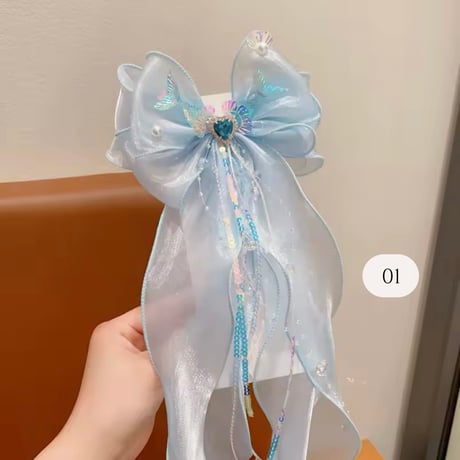 6color キラキラパーツリボンチュールヘアクリップ(930)