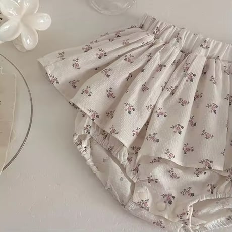 pinkリブノースリーブ×小花柄スカートブルマセットアップ(2221)