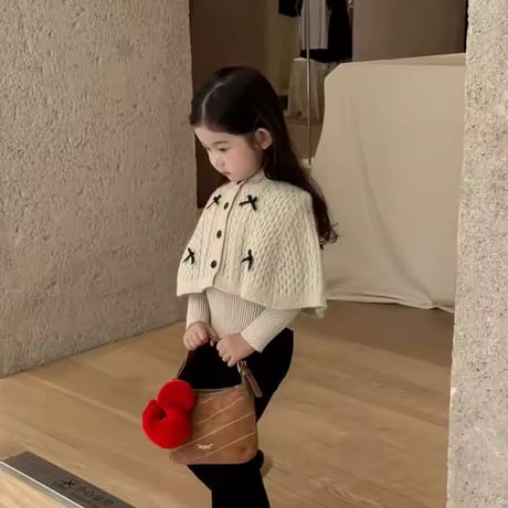 kids ケーブルニットブラックリボンポンチョカーディガン(1661)