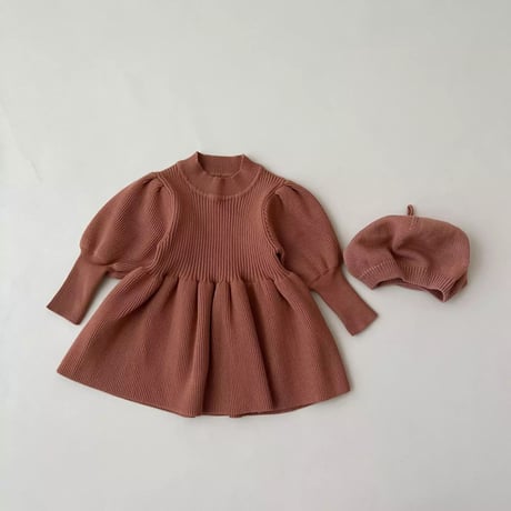 4color くすみ暖色カラーぽわん袖ニットワンピース(2320)